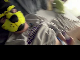 Yellow puppy enjoys buzz wand and cums in soggy diaper ^^