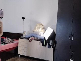 Sexy wife has fun testing clothes and cutting them off. Brunette dances naked around the house.