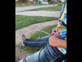 Taking a sexy desperate public seated rainbow arched piss in front of street and neighbors