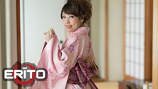 ERITO - Kimono Hottie Sucks A Cock With Pleasure Before Getting A Messy Creampie In Her Hairy Pussy